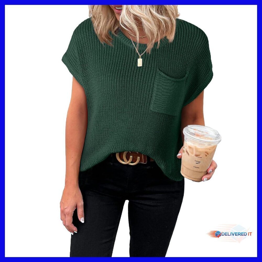 Lightweight Knit Tunic Top Short Sleeve Loose Fit Pullover Sweater